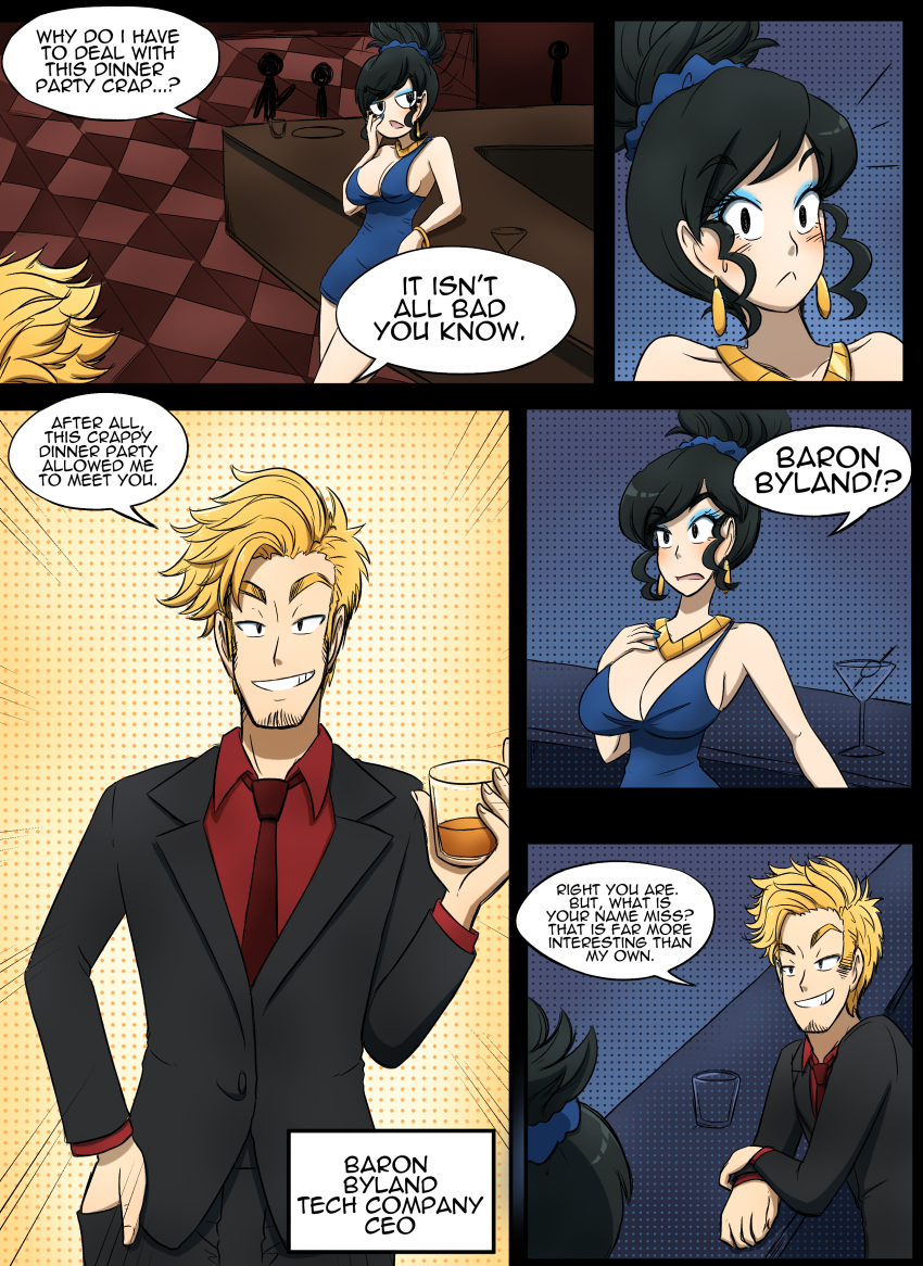 black_hair blonde_hair comic dress kobi94 large_breasts original suit text