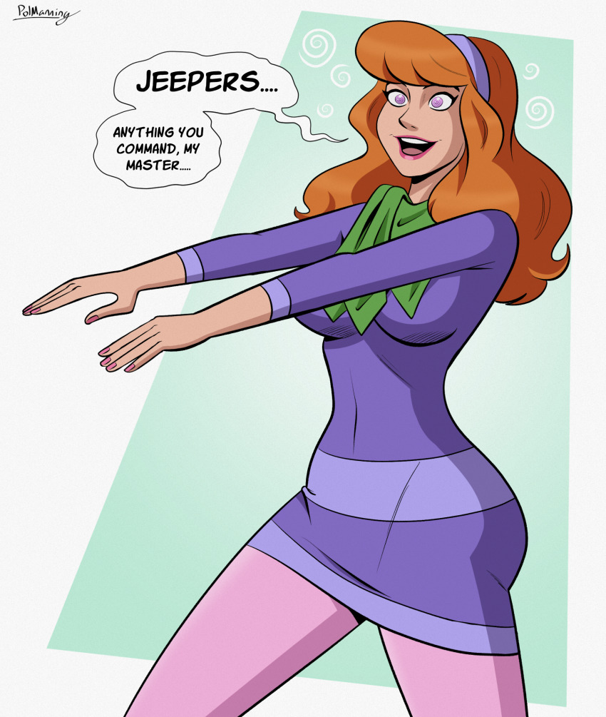 daphne_blake femsub happy_trance long_hair polmanning purple_eyes red_hair scooby-doo_(series) smile spiral spiral_eyes spiralwash_eyes tagme text zombie_walk