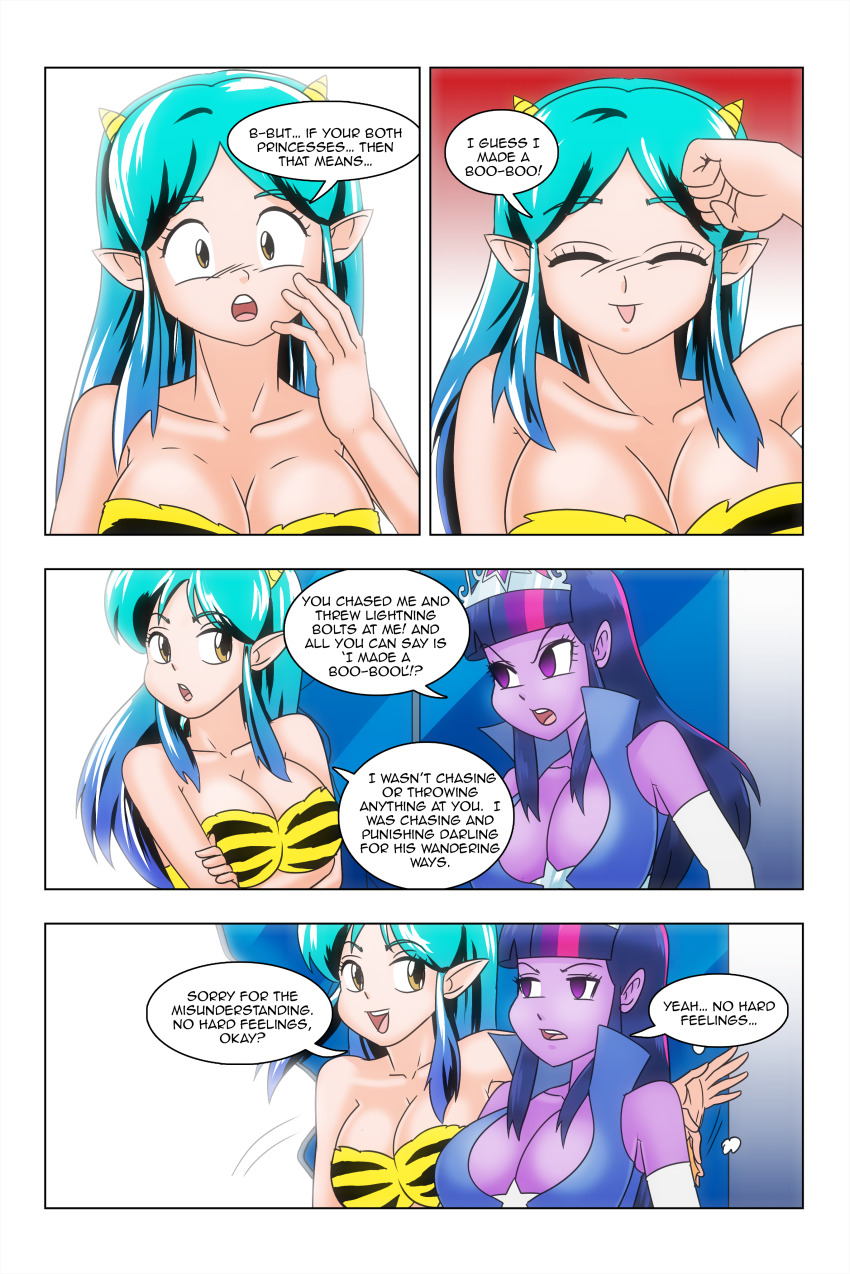 bare_shoulders bikini brown_eyes cleavage comic crossover crown dialogue dress empty_eyes equestria_girls femsub green_hair horns large_breasts lum midriff multicolored_hair my_little_pony oni_girl opera_gloves princess purple_eyes smile story text tongue tongue_out twilight_sparkle urusei_yatsura wadevezecha