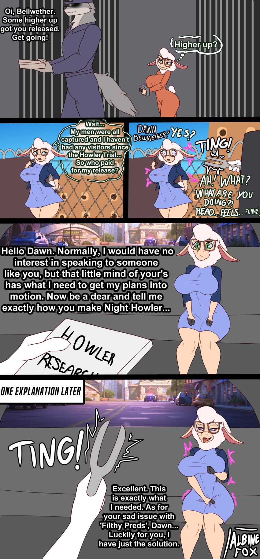 absurdres albinefoxxo alternate_costume androgynous_dom bare_legs book breast_fondling character_request clothed comic confused dawn_bellwether disney dress english_text femsub fingering furry glasses green_eyes handcuffs hat hypnotic_audio legs masturbation multicolored_eyes open_mouth outdoors sheep_girl spiralwash_eyes tail text thick_thighs thighs thought_bubble tongue tongue_out tuning_fork uniform wolf_boy zootopia