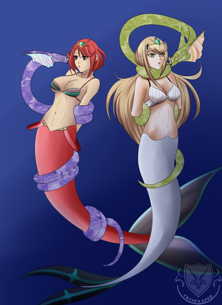 arms_behind_back blonde_hair blue_background bra cleavage coils collarbone crossed_arms empty_eyes expressionless eyebrows_visible_through_hair female_only femsub gradient_background headdress jewelry katsiika long_hair midriff multiple_girls multiple_subs mythra_(xenoblade) navel nintendo open_mouth pyra_(xenoblade) red_eyes red_hair restrained short_hair simple_background underboob underwater xenoblade_chronicles xenoblade_chronicles_2