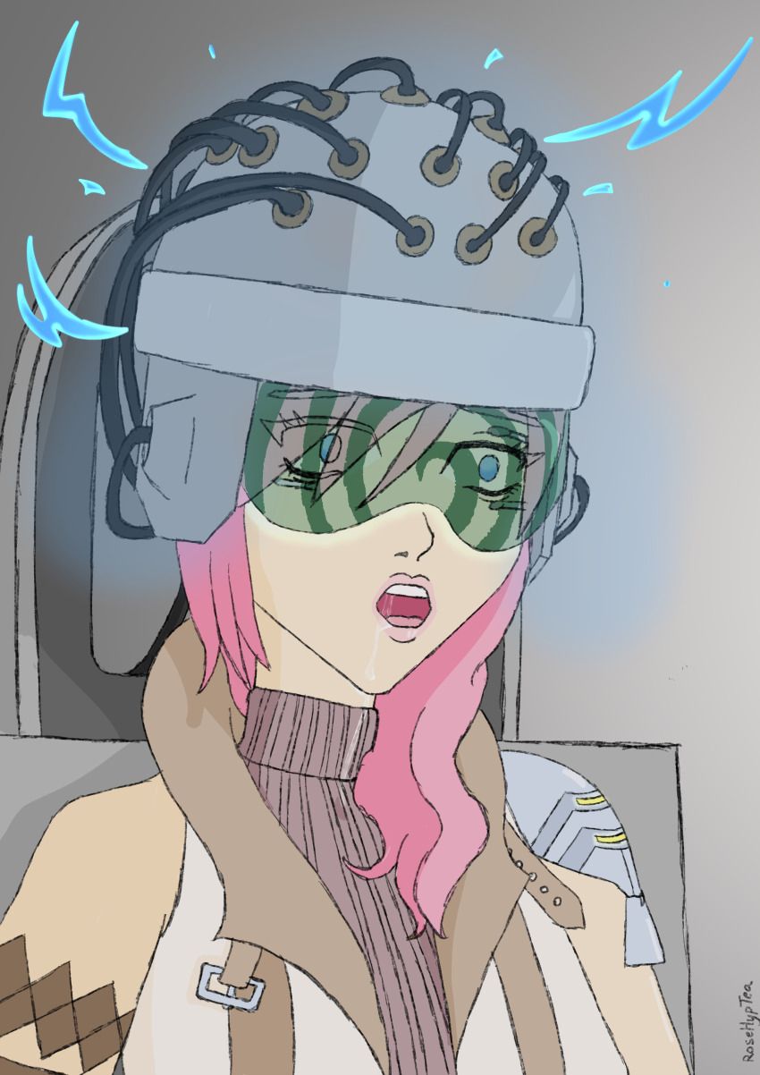 absurdres drool electricity eyes_held_open femsub final_fantasy final_fantasy_xiii helmet lightning_farron pink_hair rosera shrunken_irises tech_control visor