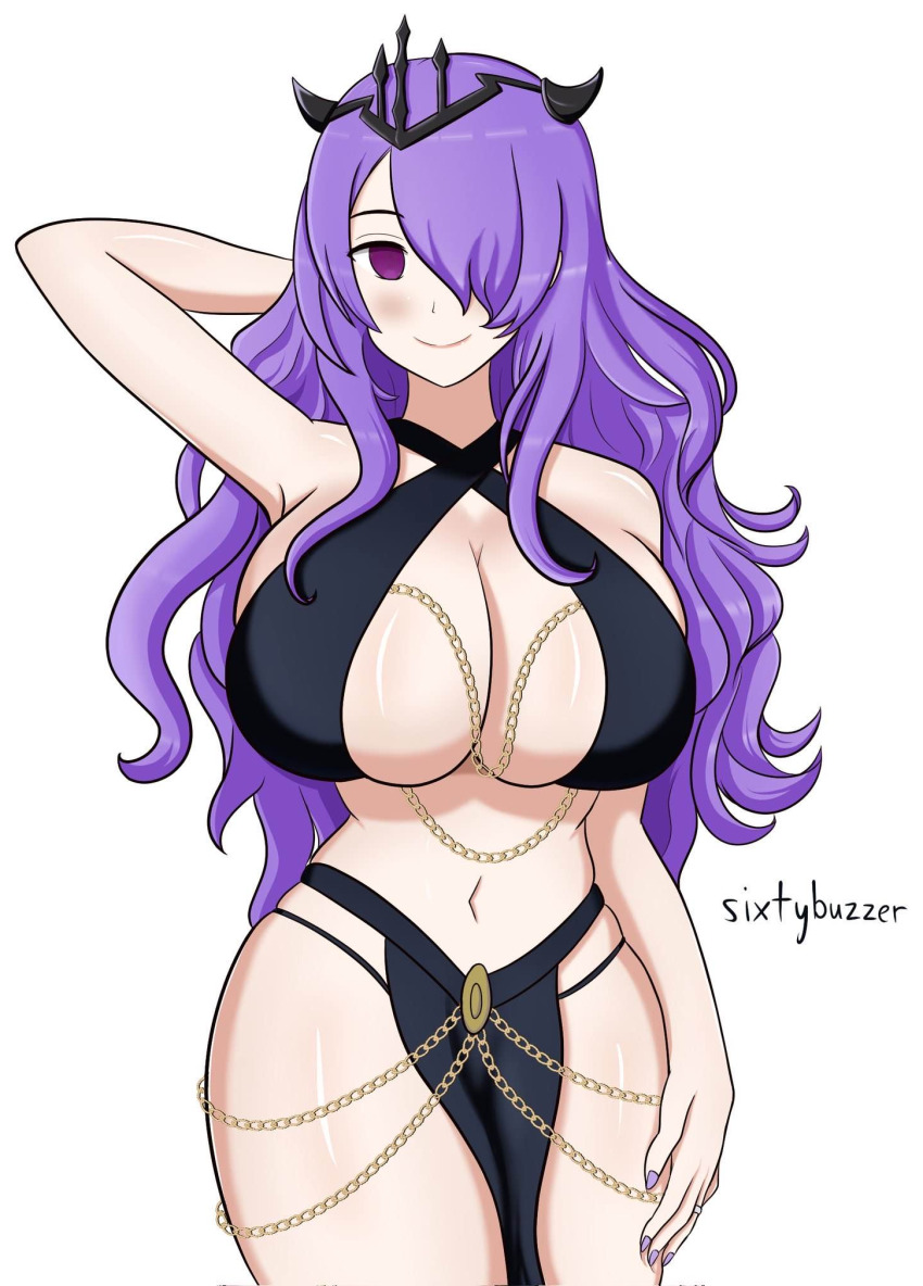 breasts camilla_(fire_emblem_fates) cleavage empty_eyes fire_emblem fire_emblem_fates harem_outfit looking_at_viewer nintendo purple_eyes purple_hair simple_background sixtybuzzer