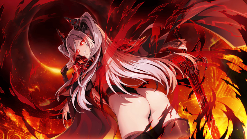 alexia_midgar ass black_sclera corruption eye_color_change femsub game_cg glowing_eyes long_hair looking_at_viewer looking_back official red_eyes smile the_eminence_in_shadow white_hair