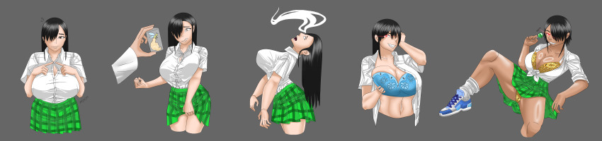 absurdres before_and_after black_hair bra brown_hair button_gap corruption dark_skin ganguro glowing_eyes grey_background hair_covering_one_eye huge_breasts large_breasts leopard_print light_skin long_hair ongcs123 possession red_eyes school_uniform shoes short_hair simple_background skirt spread_legs thong underwear upskirt