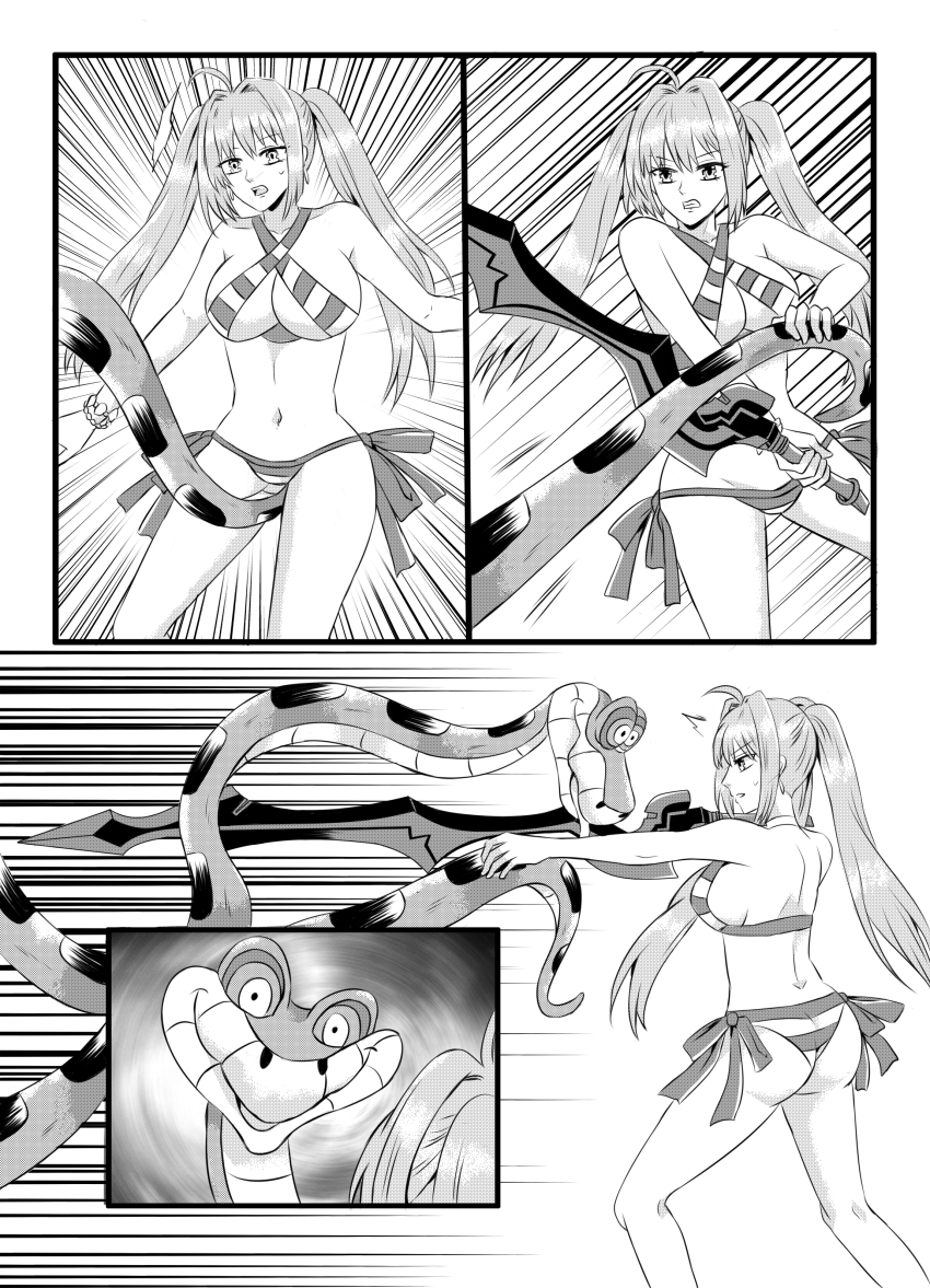 bikini coils comic crotch_rub disney fate/grand_order fate_(series) kaa kaa_eyes large_breasts long_hair monochrome nero_claudius_caesar_augustus_germanicus_(fate) nilanandita snake sword the_jungle_book twintails
