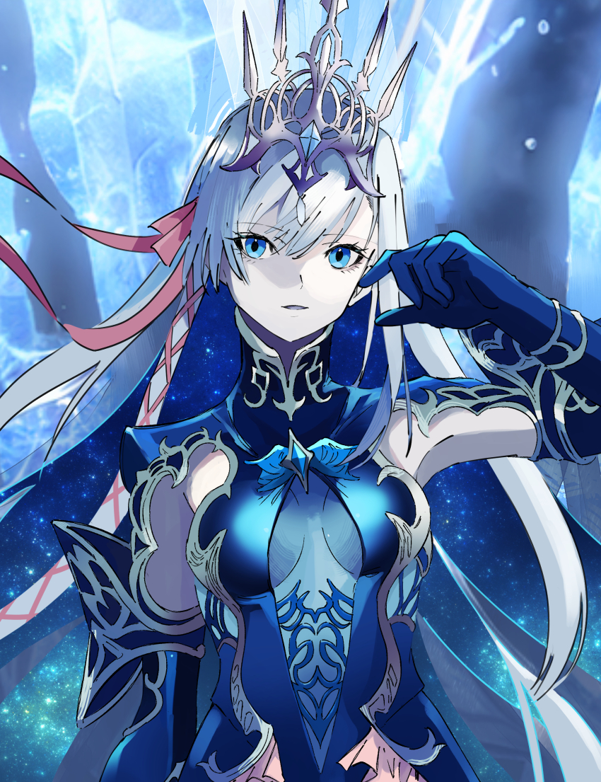 alternate_color_scheme alternate_costume alternate_hair_color blue_eyes breasts corruption crown femsub final_fantasy final_fantasy_xiv gloves grey_hair hair_color_change hair_ribbon koperyne long_hair looking_at_viewer mitron pale_skin possession ribbon ryne shiva_(final_fantasy) smile spoilers square_enix white_skin