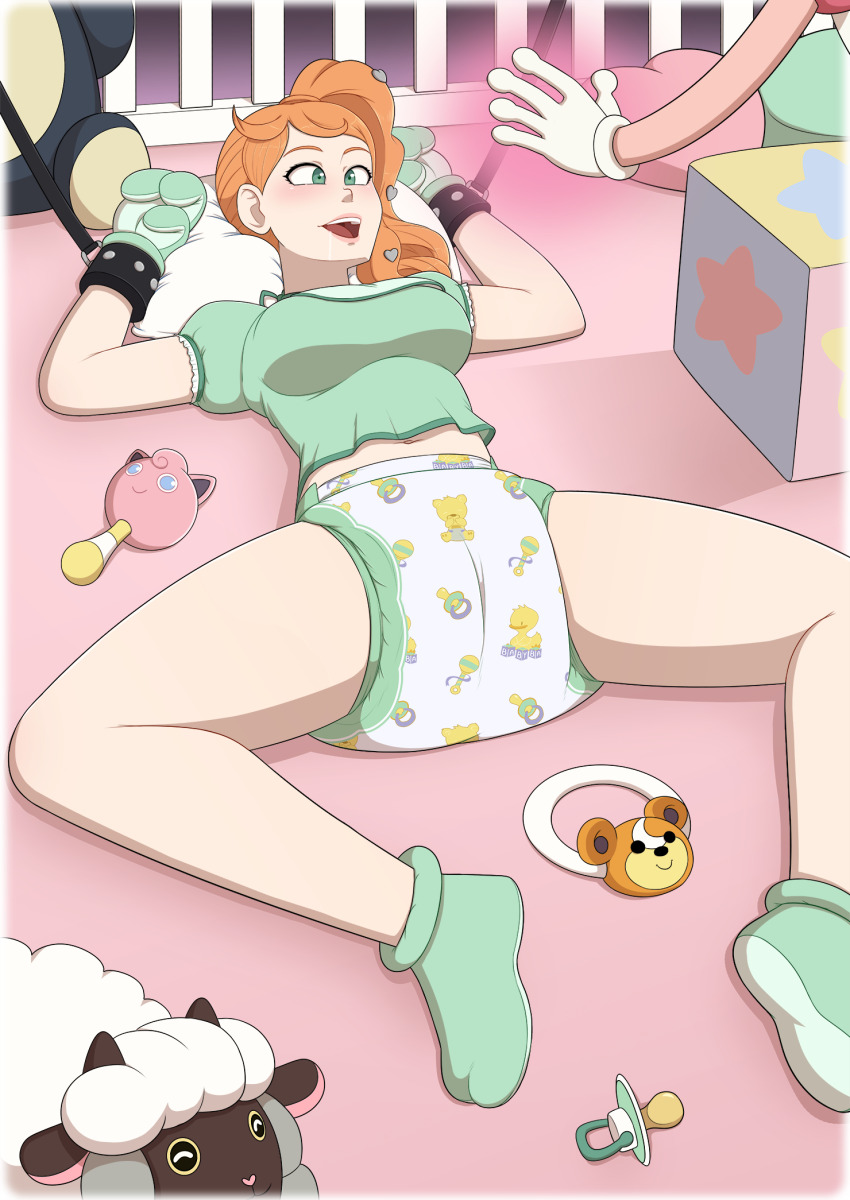 age_regression brain_drain breasts crossed_eyes diaper drool femsub happy_trance mr._mime nintendo orange_hair pieceofsoap pokemon pokemon_sword_and_shield socks sonia_(pokemon) wooloo