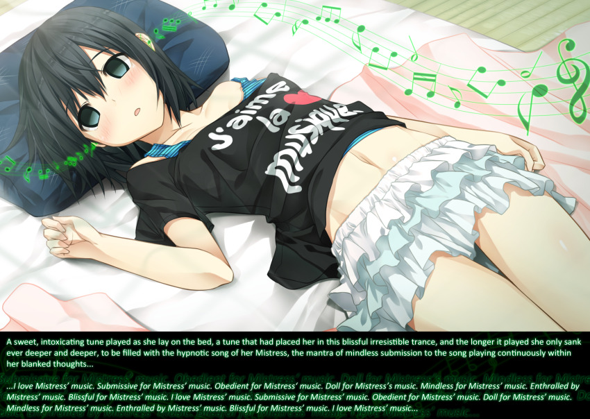 aliensdideverything_(manipper) bed black_hair caption empty_eyes expressionless female_only femdom femsub frills green_eyes hypnotic_music lying manip mantra miniskirt open_mouth short_hair skirt text
