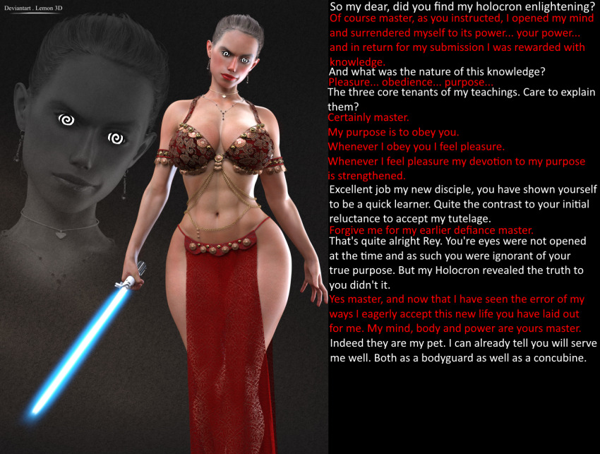 3d abs caption femsub harem_outfit lemon3d manip midriff rey_(star_wars) spiral_eyes star_wars tagme text