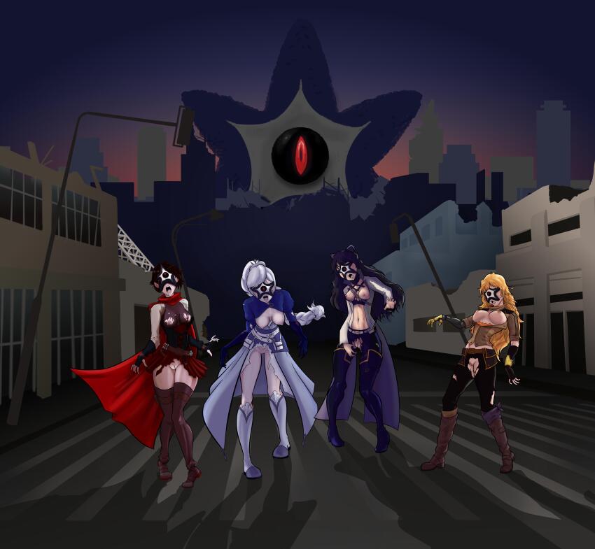 animal_ears belt black_hair blake_belladonna blonde_hair boots breasts breasts_outside cape cat_ears cat_girl coat crossover dc_comics dress drone dronification drool espada1 femsub gloves grimm_(rwby) jacket long_hair multiple_girls multiple_subs navel nipples open_mouth pants pantyhose parasite possession prosthetic_limb pussy red_eyes ruby_rose rwby short_hair starro thigh_boots thighhighs tongue tongue_out torn_clothes vest weiss_schnee white_hair yang_xiao_long