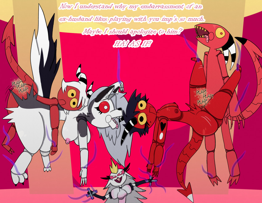 bird_girl blitzo_(helluva_boss) demon demon_boy demon_girl doll_joints femdom femsub furry helluva_boss horns loona_(helluva_boss) malesub millie_(helluva_boss) moxxie_(helluva_boss) nude puppet puppetization sex stella_(helluva_boss) tail tcross text tongue_out transformation wolf_girl