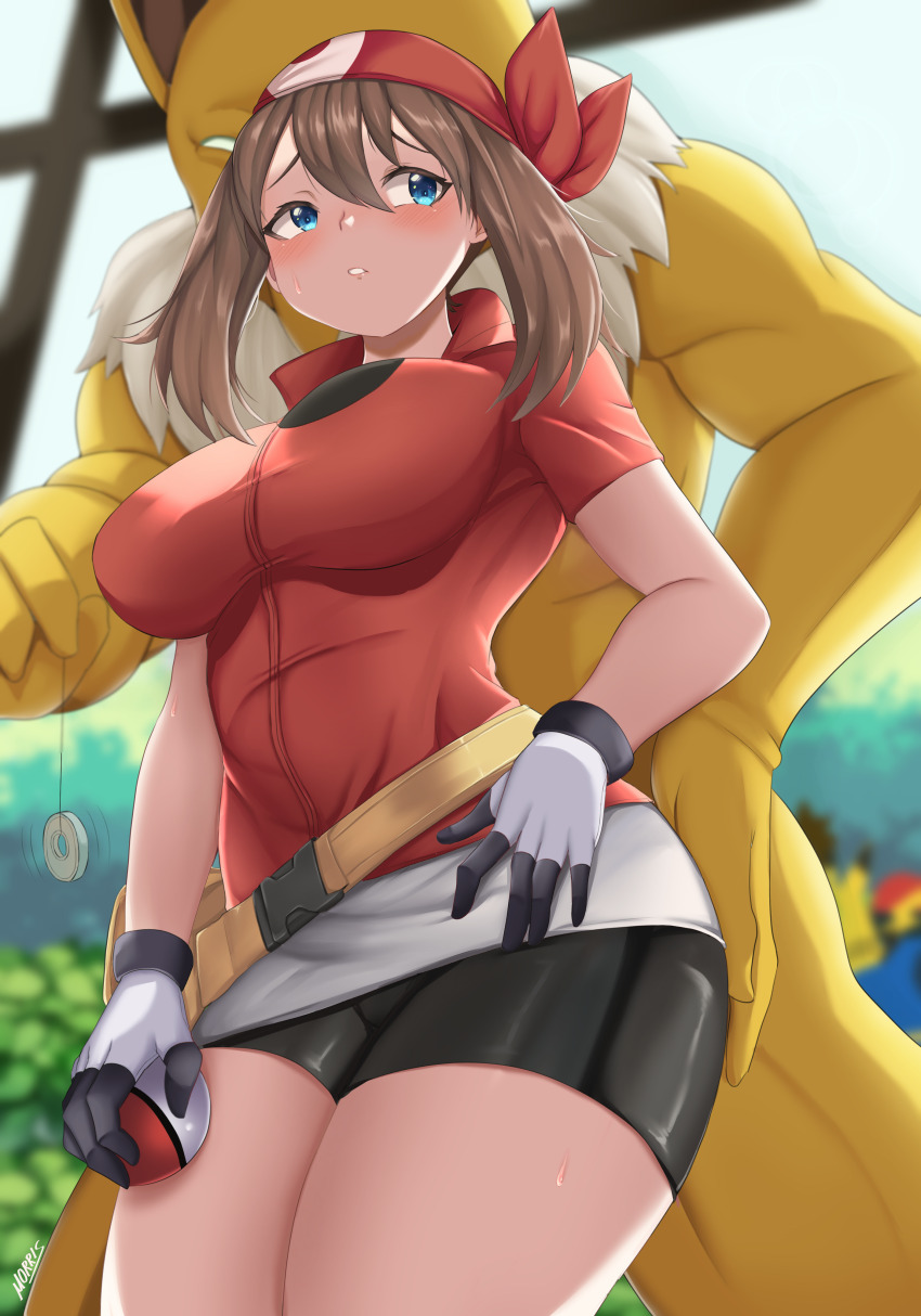 bike_shorts blush breasts hand_on_hip hypno large_breasts may morris1611 nintendo pendulum pokeball pokemon thick_thighs tight_clothing unaware