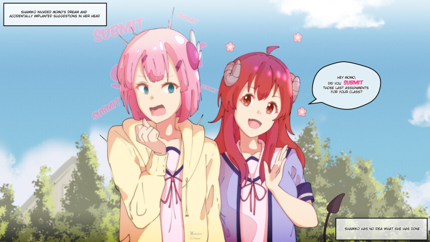 accidental_hypnosis ahoge chiyoda_momo clothed confused female_only femdom femsub gojulas green_eyes hair_clips horns hypnovember machikado_mazoku open_mouth outdoors pink_hair red_eyes red_hair school_uniform smile sweater tail text trigger unaware yoshida_yuuko_(machikado_mazoku)