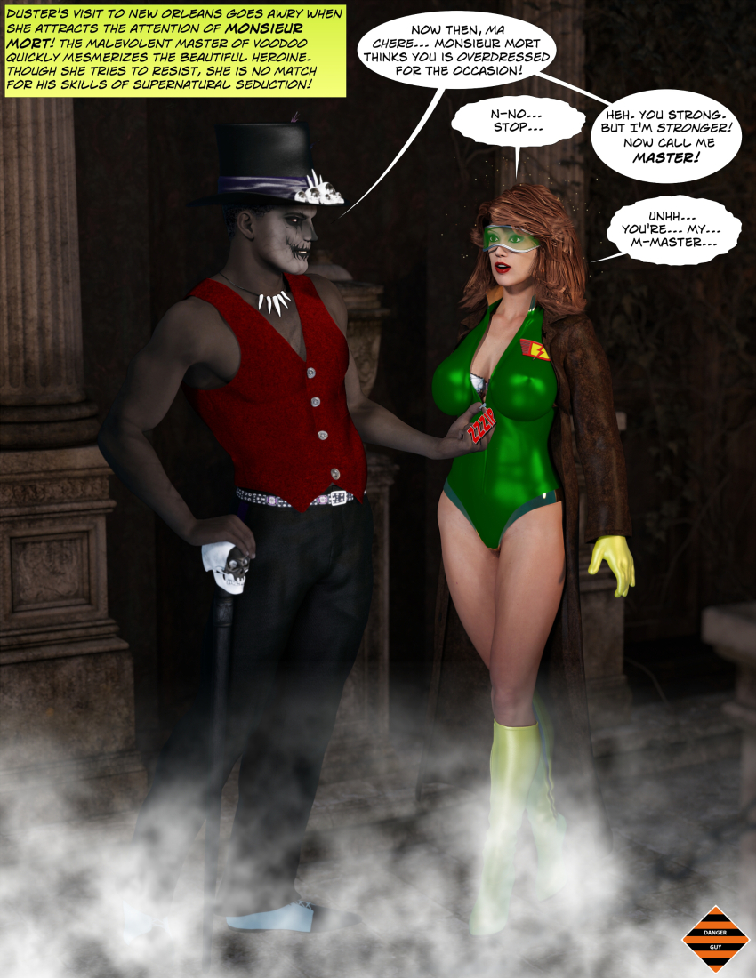 3d absurdres bodysuit dangerguy01 dark_skin duster_(dangerguy01) expressionless femsub gloves high_heels lipstick long_hair maledom orange_hair original resisting undressing visor zipper