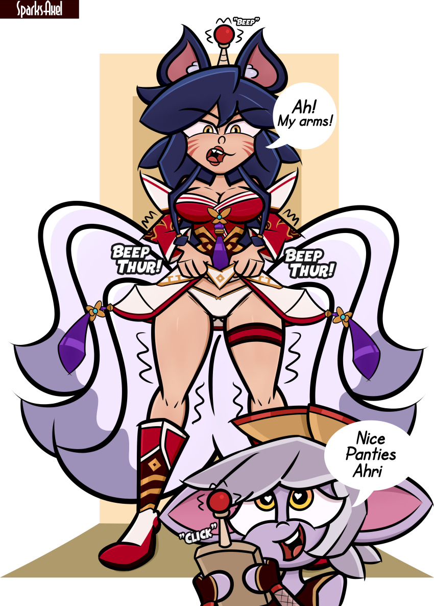 ahri_(league_of_legends) antenna aware axlwolft bare_legs black_hair body_control breasts cleavage english_text female_only femdom femsub fox_ears heart heart_eyes kitsune_girl league_of_legends legs long_hair multiple_tails open_mouth panties purple_skin remote_control short_hair skirt_lift slit_pupils smile speech_bubble standing symbol_in_eyes text thighs tristana_(league_of_legends) underwear upskirt yellow_eyes yordle