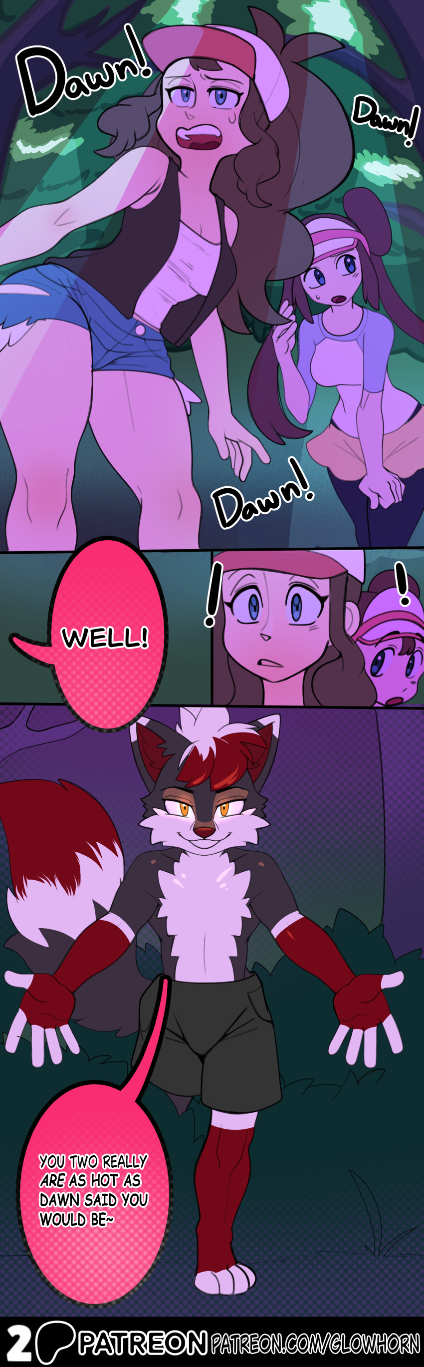 absurdres artifact_the_fox blue_eyes brown_hair clothed comic dialogue eyelashes forest fox_boy furry glowhorn glowing glowing_eyes hair_buns hat hilda nintendo open_mouth orange_eyes original plant pokemon ponytail red_hair rosa_(pokemon) short_shorts short_skirt skirt surprised sweat tail tights tongue trees vest visor white_hair