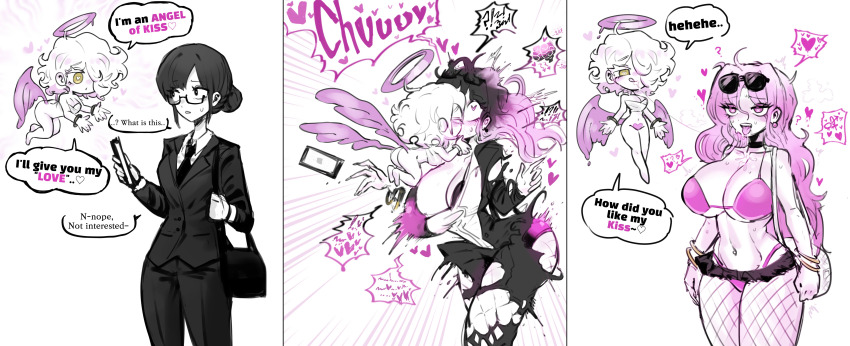 absurdres angel ass ass_expansion bangs before_and_after bikini_top bimbofication black_hair brain_drain breast_expansion breasts business_suit cell_phone comic eyeshadow femdom femsub glasses glasses_on_head hair_color_change hair_covering_one_eye hair_growth halo heart huge_breasts hypnotic_kiss kissing makeup miniskirt office_lady omeok911 original pants phone pink_hair simple_background single_hair_bun skirt speech_bubble sunglasses text thighhighs thong tie translated very_long_hair white_background white_hair yuri