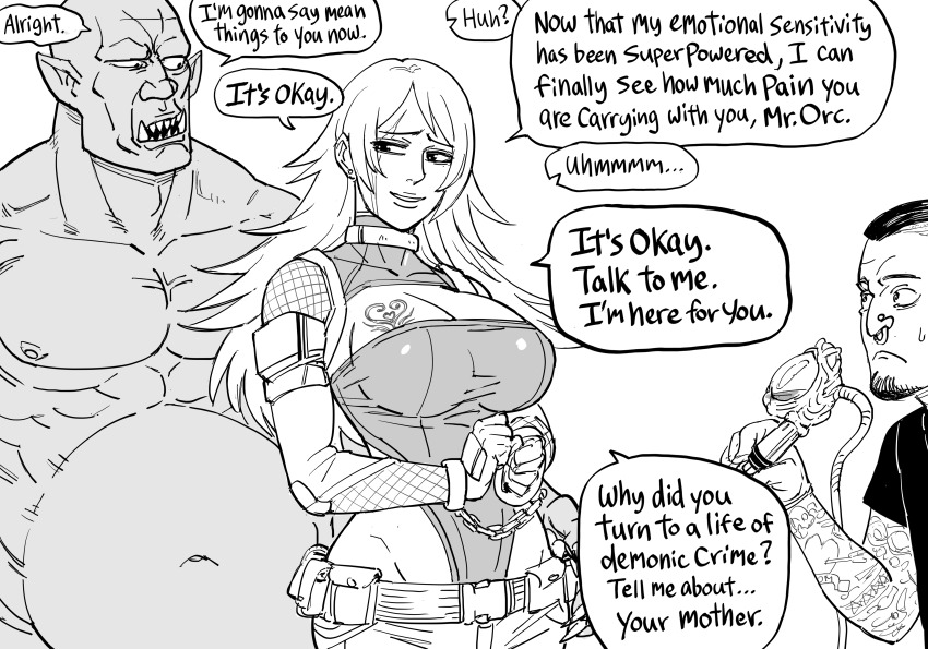 absurdres altered_perception assertive_sub aware baalbuddy beard belt breasts chains claws cleavage collar denial dialogue earrings elf_ears english_text fangs femsub fishnets gloves greyscale handcuffs heart heart_tattoo humor hypnotic_tattoo large_breasts monochrome multiple_boys multiple_doms nose_ring orc pants parody restrained scar shirt simple_background smile speech_bubble sweat taimanin_(series) tattoo text turning_the_tables white_background wholesome