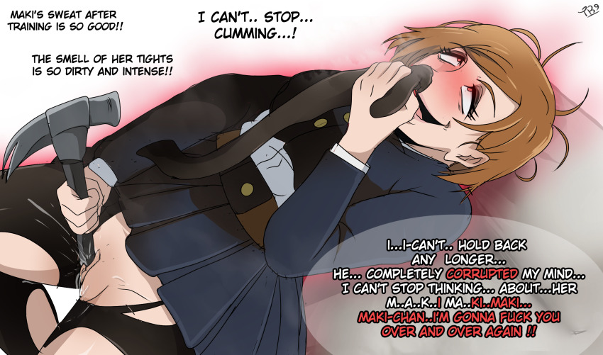 blush bottomless brown_hair clothed dialogue english_text female_only femsub hammer hypnotic_smell jujutsu_kaisen kugisaki_nobara masturbation possession pussy pussy_juice red_eyes short_hair smell socks solo steam text torn_clothes traner9