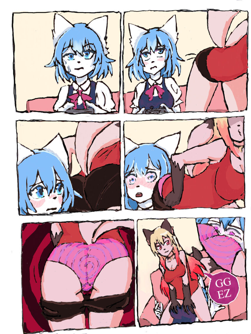 ass ass_focus blue_hair elizabethwhitfujoshi fox_girl furry glowing_eyes hypnotic_accessory hypnotic_ass hypnotic_panties instant_loss luna_(wolfychu) original pink_eyes resisting sitting_on_face smug surprised tagme video_game wolf_girl wolfy_(wolfychu)