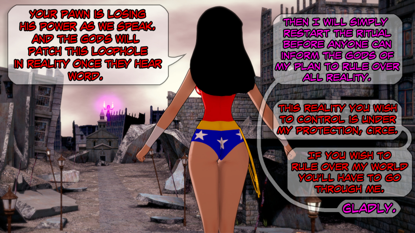 aware black_hair circe clothed dc_comics dogdog english_text female_only floating glowing multiple_girls outdoors text wonder_woman