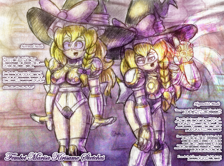 altered_common_sense alternate_costume ameerashourdraws blonde_hair boots clothed drone dronification empty_eyes female_only fembot femsub gloves happy_trance hypnotized_hypnotist latex leotard looking_at_viewer marisa_kirisame open_mouth opera_gloves seductive_smile solo standing standing_at_attention tech_control text thigh_boots thighhighs touhou visor witch witch_hat yellow_eyes