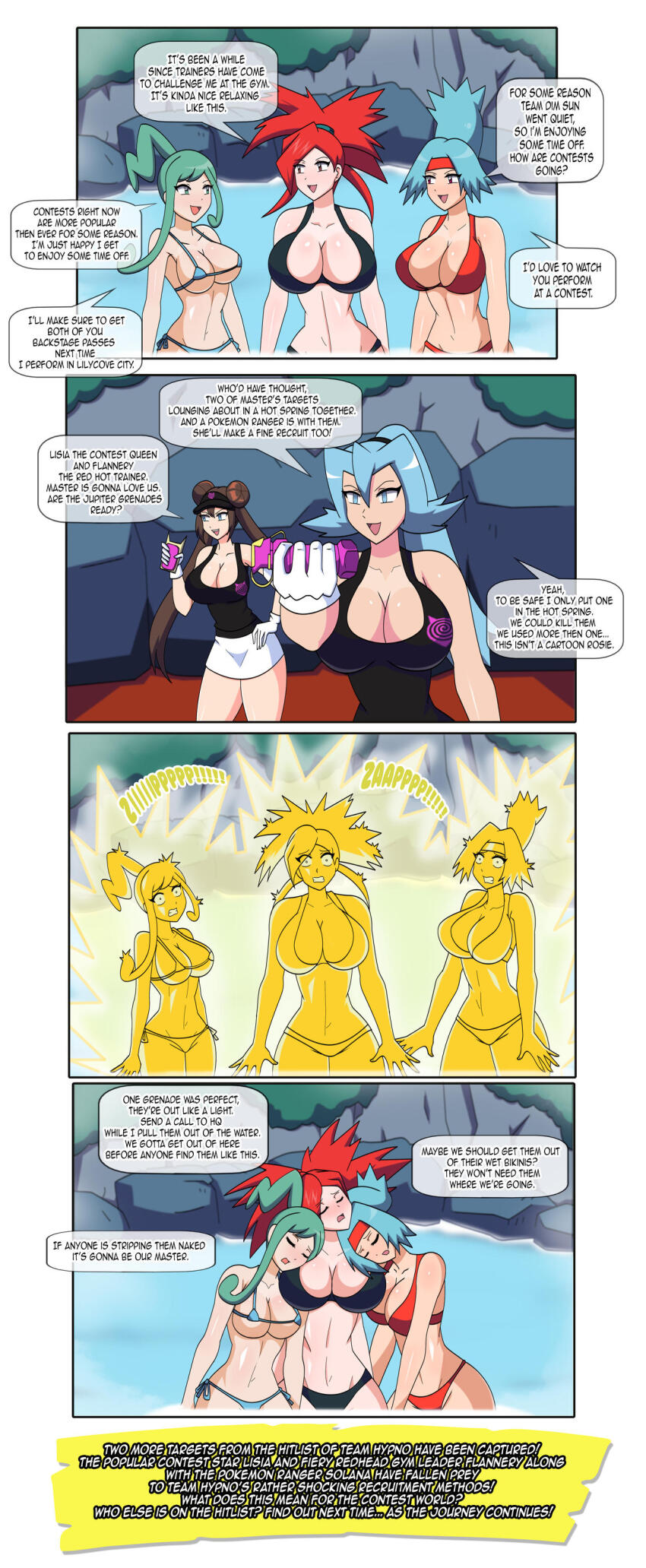 blue_hair brown_hair clair comic dialogue dlobo777 electricity empty_eyes femsub flannery green_hair happy_trance large_breasts lisia_(pokemon) nintendo pokemon red_hair rosa_(pokemon) sleeping solana swimsuit team_hypno text