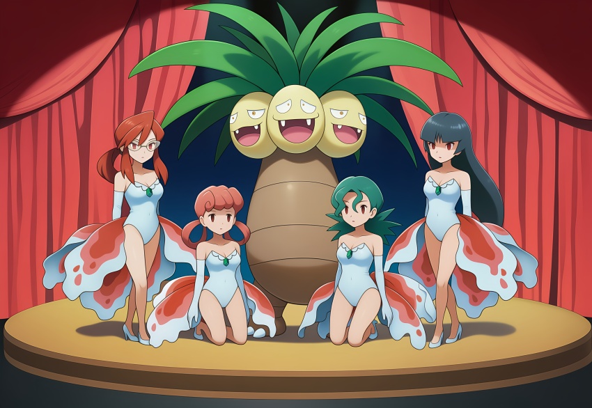 ai_art black_hair cleavage cosplay empty_eyes exeggutor expressionless femsub glasses green_hair hellsing002_(generator) high_heels kneeling leotard long_hair lorelei multiple_girls multiple_subs nintendo nurse_joy officer_jenny pink_hair pokemon pokemon_(creature) ponytail red_eyes red_hair sabrina stage stage_hypnosis standing
