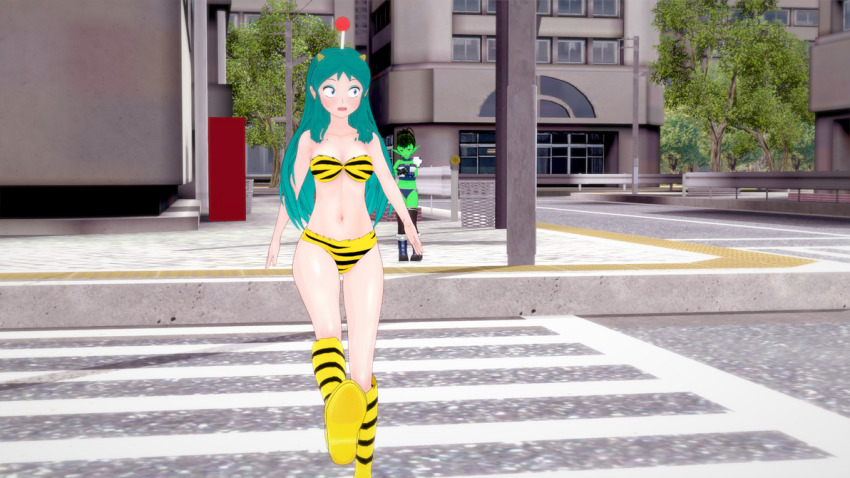 3d black_hair blue_eyes blue_hair boots brown_eyes clothed collarbone elf_ears eyeshadow female_only femdom femsub grey_skin helmet horns long_hair lum midriff multiple_girls navel open_mouth smirk sonrio12 standing tube_top urusei_yatsura zombie_walk