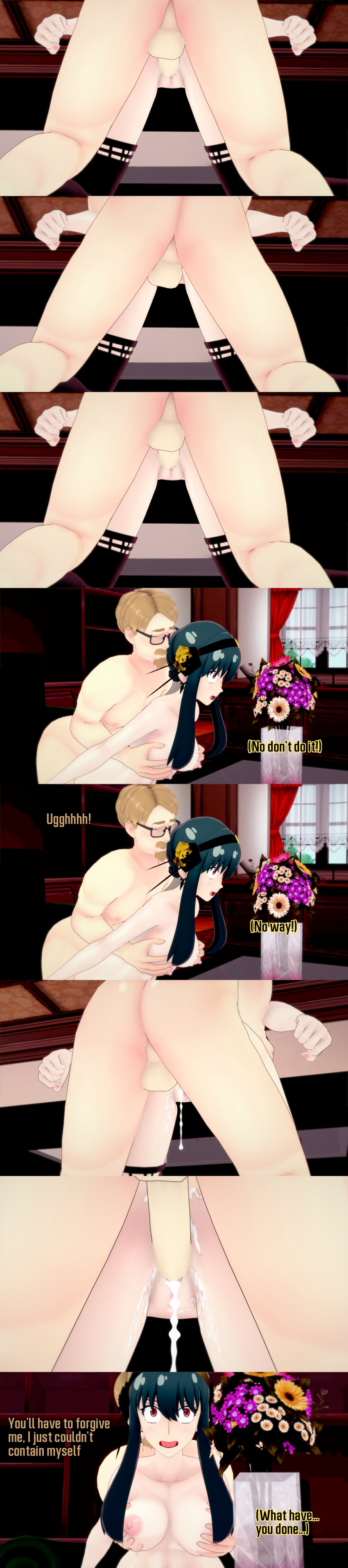 absurdres aware black_hair blue_eyes body_control breasts brown_hair closed_eyes cum cum_in_pussy dialogue english_text femsub glasses long_hair maledom mustache nipples nude orgasm penis red_eyes sex short_hair spy_x_family text vaginal yor_briar zenin1