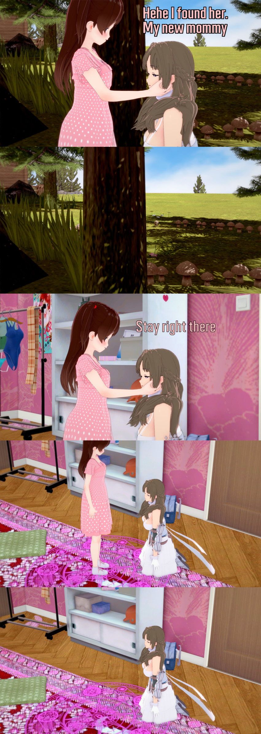 absurdres bedroom blue_eyes brown_hair clothed collar dialogue do_you_love_your_mom_and_her_two_hit_multitarget_attacks empty_eyes english_text expressionless female_only femdom femsub long_hair mamako_osuki milf multiple_girls pentagram purple_eyes text zenin1