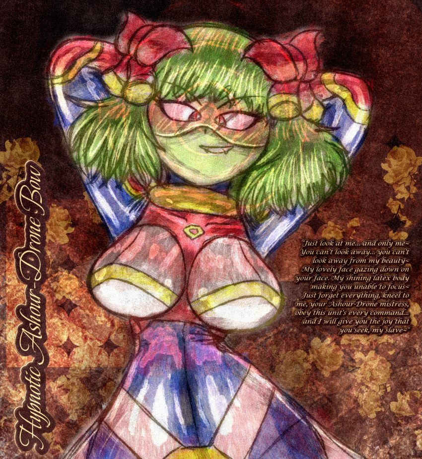 absurdres altered_common_sense ameerashourdraws arms_above_head bodysuit breasts complex_background drone english_text fembot femdom femsub green_hair green_skin hypnotized_hypnotist lady_bow latex looking_at_viewer nintendo paper_mario posing red_eyes seductive_smile short_hair smile super_mario_bros. tech_control text visor