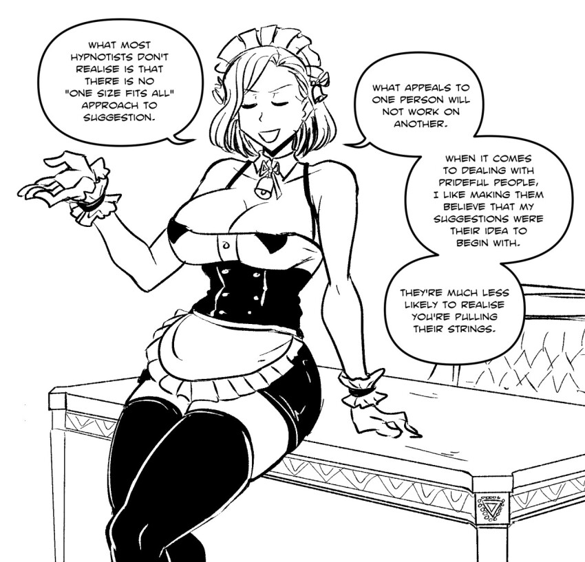 altered_perception bell bell_collar bow_tie chair cleavage closed_eyes collarbone cuffs eyebrows_visible_through_hair female_only femsub good_sub_conditioning happy_trance huge_breasts humor maid maid_headdress majinsfw original short_hair short_skirt sitting smile solo table thighhighs tight_clothing unaware veronica_nightingale_(majinsfw) white_background wide_hips