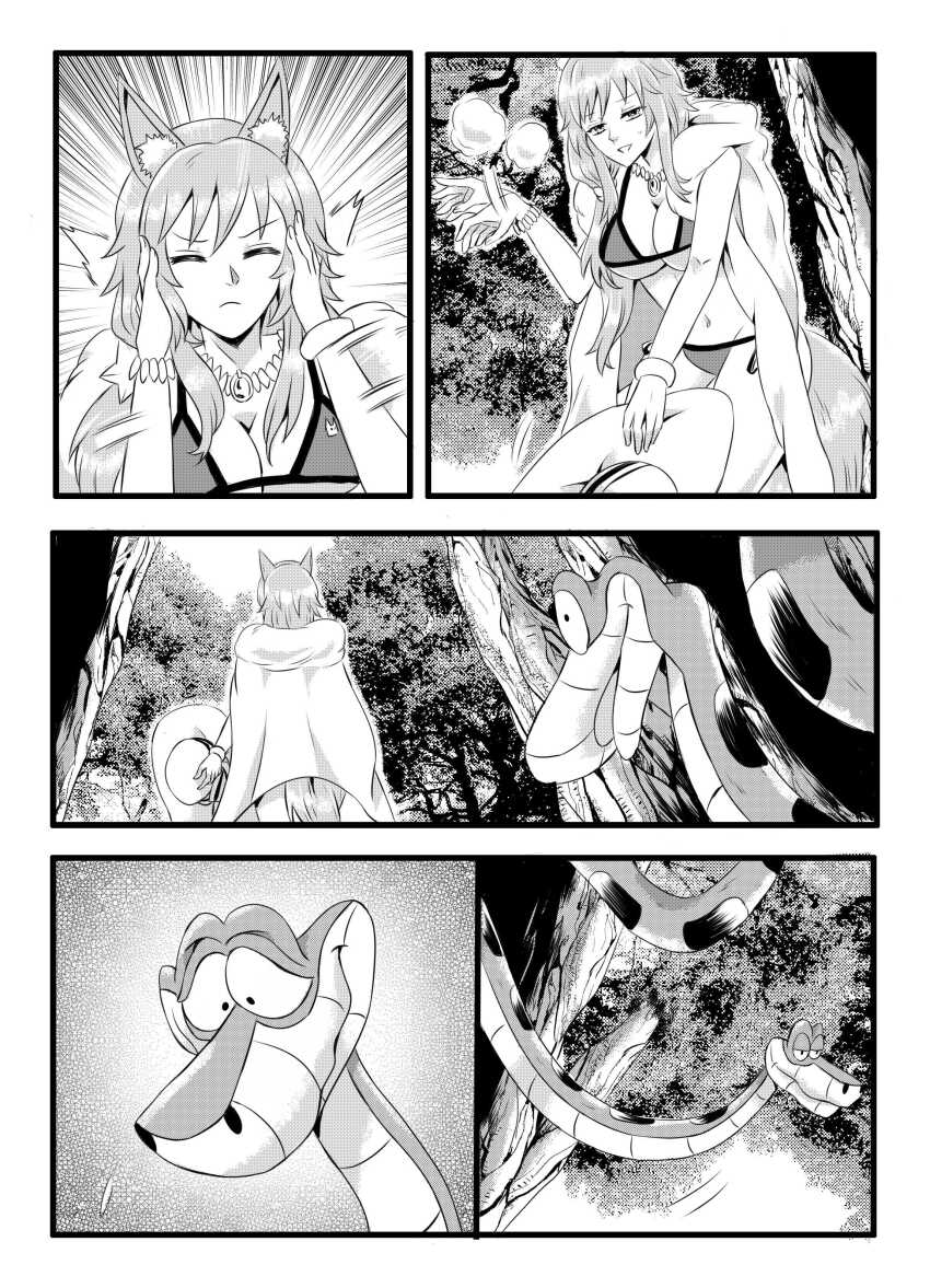 bikini breasts caster_(fate/extra) comic disney fate/extra fate/grand_order fate_(series) fox_ears fox_girl fox_tail hat jungle kaa long_hair monochrome nilanandita snake tamamo_no_mae the_jungle_book