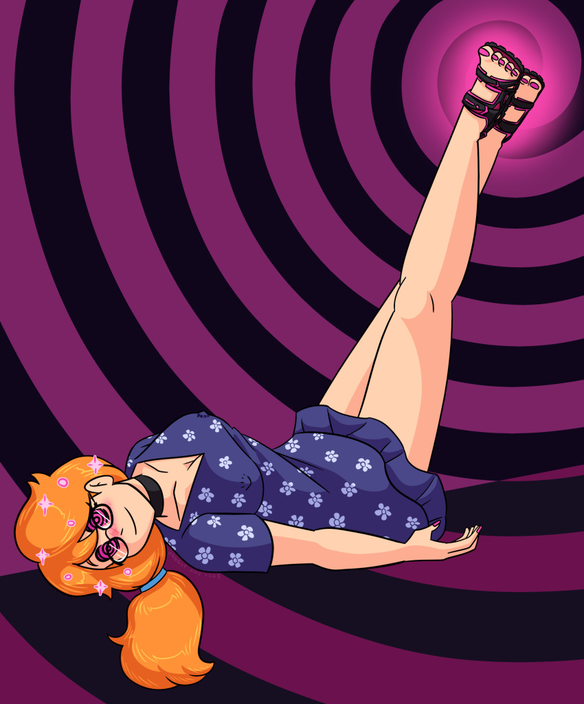 blush collar dress erect_nipples_under_clothes female_only femsub glasses happy_trance hypnotic_accessory legs_up lying maggotmike nail_polish orange_hair original ponytail red_hair ring_eyes sandals smile spiral_background toenail_polish