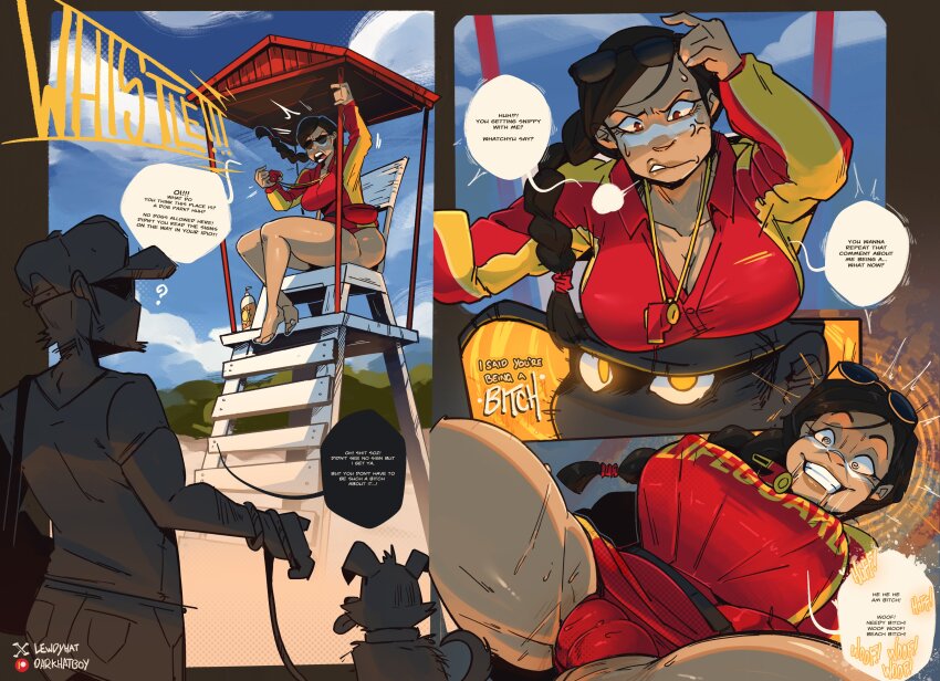 beach begging clothed comic complex_background darkhatboy dog_girl femsub happy_trance humiliation large_breasts maledom on_back original pet_play spiral_eyes sunglasses tagme