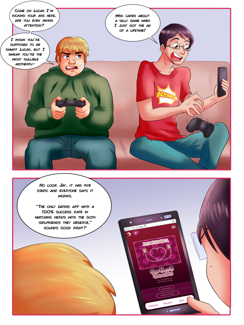 black_hair blonde_hair cell_phone comic fat game_controller glasses male_only nerd short_hair speech_bubble text themightfenek