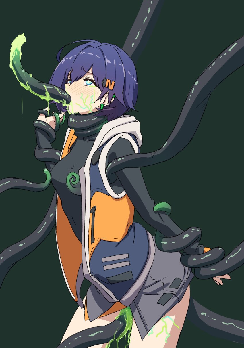 ahoge all_the_way_through before_and_after belle_(zenless_zone_zero) blue_eyes blue_hair blush choking earrings empty_eyes eye_roll female_only femsub green_background hair_ornament heart_eyes nipple_tweak r_xviiitraining short_hair shrunken_irises simple_background solo tears tentacle_in_mouth tentacle_sex tentacles unusual_cum vaginal zenless_zone_zero