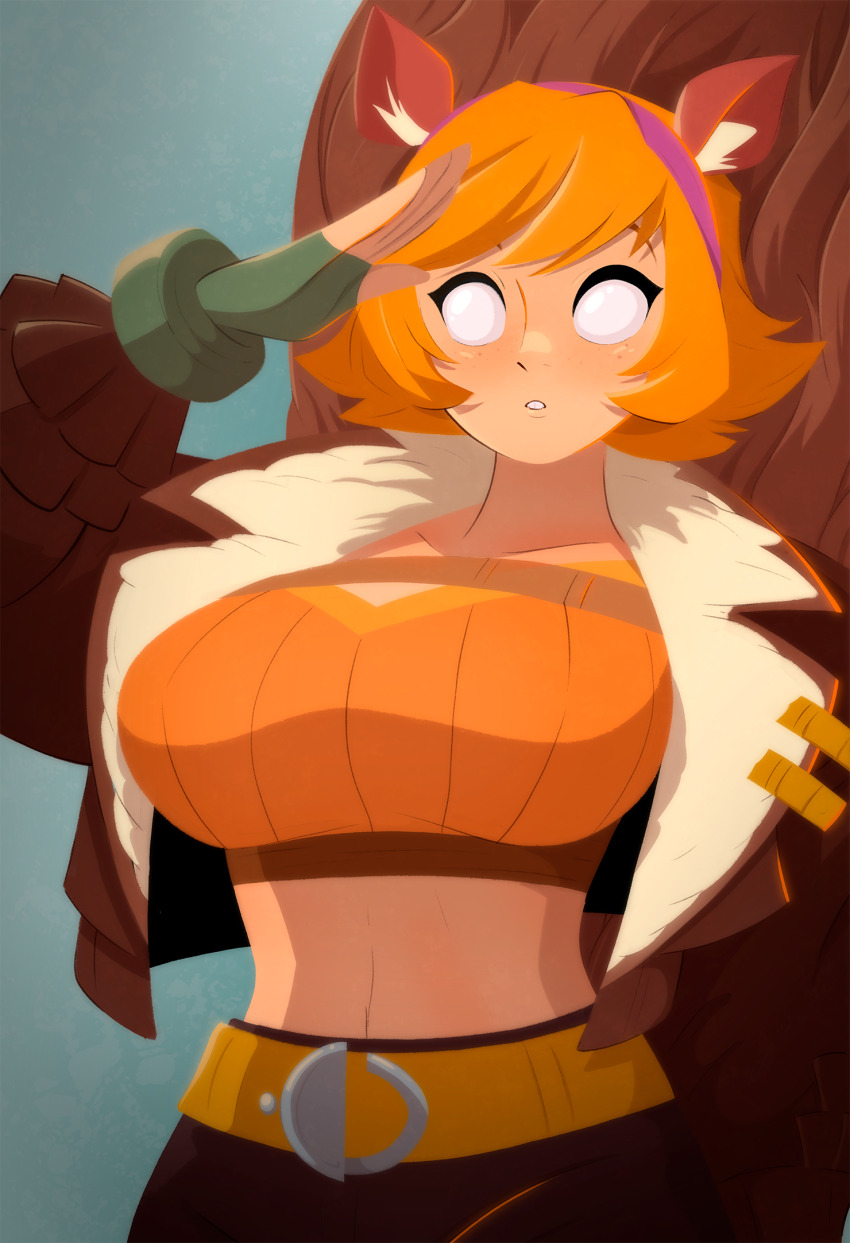 belt breasts disguised_hypnotist empty_eyes femsub jacket marvel_comics marvel_rivals orange_hair saluting squirrel_girl squirrel_girl_(marvel) standing standing_at_attention tagme tail