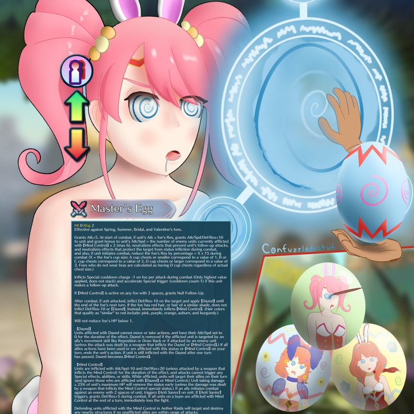 absurdres bare_shoulders blue_eyes blush bunny_ears bunny_girl bunnysuit celica_(fire_emblem) choker cleavage collarbone complex_background confuzzled convenient_censoring curly_hair dazed easter eggs fake_animal_ears female_only femsub fire_emblem fire_emblem_echoes fire_emblem_heroes gameplay_mechanics genny_(fire_emblem) headband humor jewelry leaning_forward long_hair mae_(fire_emblem) magic magic_circle multiple_girls multiple_subs nintendo open_mouth orange_hair outdoors paint parody pink_hair red_hair see-through signature spiral spiralwash_eyes text twintails