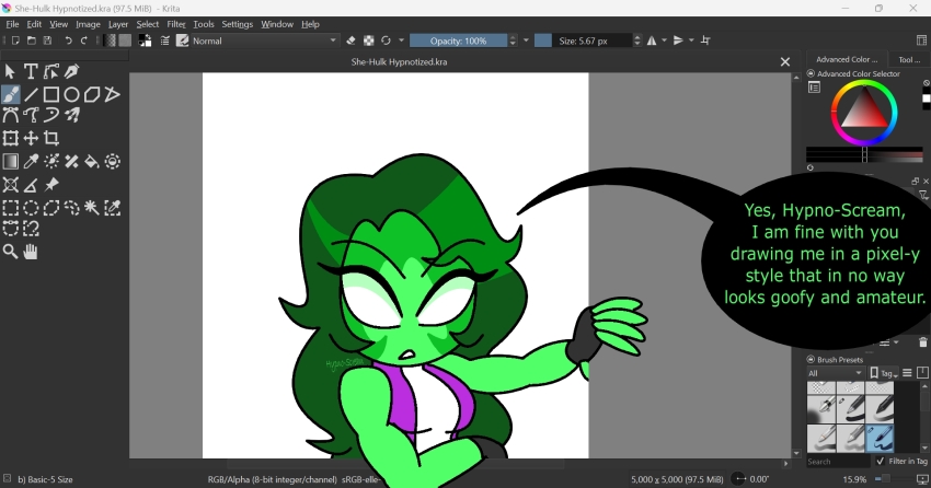 bare_shoulders english_text eyebrows_visible_through_hair eyelashes green_hair green_skin humor hypno-scream_(hypnoscream) hypnoscream leotard looking_at_viewer marvel_comics meta muscle_girl original pov_dom she-hulk shiny_hair speech_bubble whitewash_eyes