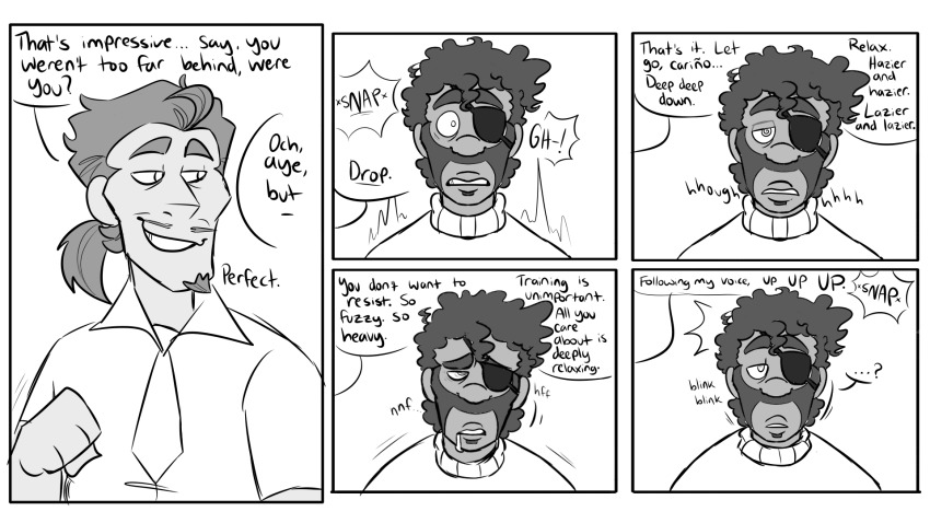 beard comic confused dark_skin demoman_(team_fortress_2) dialogue drool empty_eyes english_text eye_roll finger_snap greyscale happy_trance lying male_only maledom malesub mesmerizer_(mx_driftdrop) monochrome multiple_subs mx_driftdrop original speech_bubble spiral_eyes standing team_fortress_2 text white_background