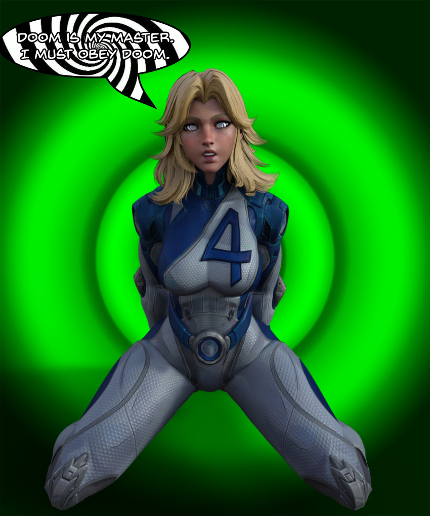 3d absurdres blonde_hair bodysuit clothed dialogue female_only femsub kneeling maledom marvel_comics marvel_rivals milf solo speech_bubble spiral_background spiral_eyes spiralwash_eyes super_hero susan_storm text theheckle