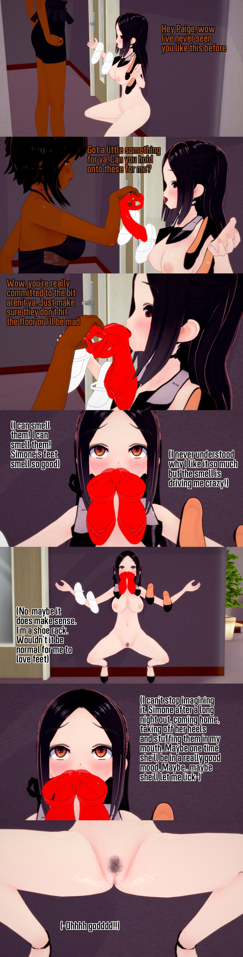 absurdres black_eyes black_hair breasts brown_eyes clothed dialogue english_text femsub human_furniture multiple_girls nipples nude paige_(veritas) pubic_hair pussy simone_(veritas) squatting text veritas zenin1