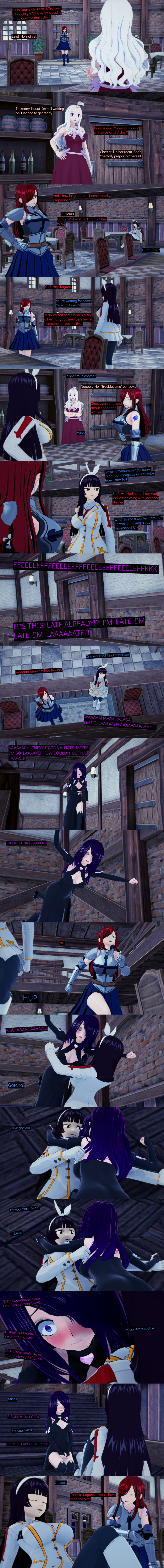 3d absurdres black_eyes blue_eyes blush brown_eyes closed_eyes clothed cyanstargazer dialogue english_text erza_scarlet fairy_tail female_only freckles hair_covering_one_eye kagura_mikazuchi long_hair mirajane_strauss multiple_girls red_hair text white_hair