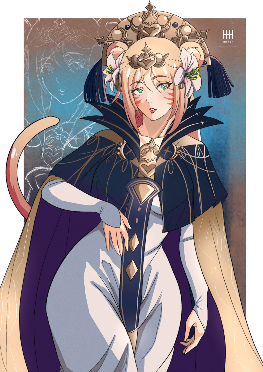 alternate_costume alternate_form blonde_hair cat_ears cat_girl cat_tail cosplay dress english_text expressionless facial_markings female_only femdom femsub fire_emblem fire_emblem_three_houses green_eyes ihsnet nintendo original possession rhea_(fire_emblem_three_houses) tail text vale_adamson_(stargizar)