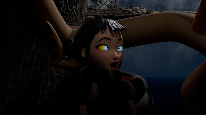 3d asphyxiation black_hair choking coils disney earrings femsub gulp kaa kaa_eyes kpop_demon_hunters maledom open_mouth restrained snake the_jungle_book zengo zoey_(kpop_demon_hunters)