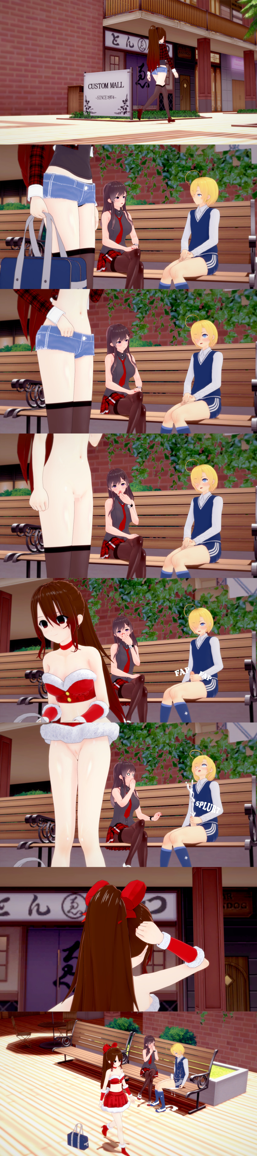 absurdres ahoge black_eyes black_hair blonde_hair blue_eyes blush bottomless censored clothed covered_with_cum cum empty_eyes eye_roll femsub hair_covering_one_eye hypnowoof jean_shorts jeans long_hair masturbation multiple_girls nude one_eye_open orgasm original penis ponytail pussy santa_costume short_hair shorts smile tongue tongue_out undressing white_eyes whitewash_eyes