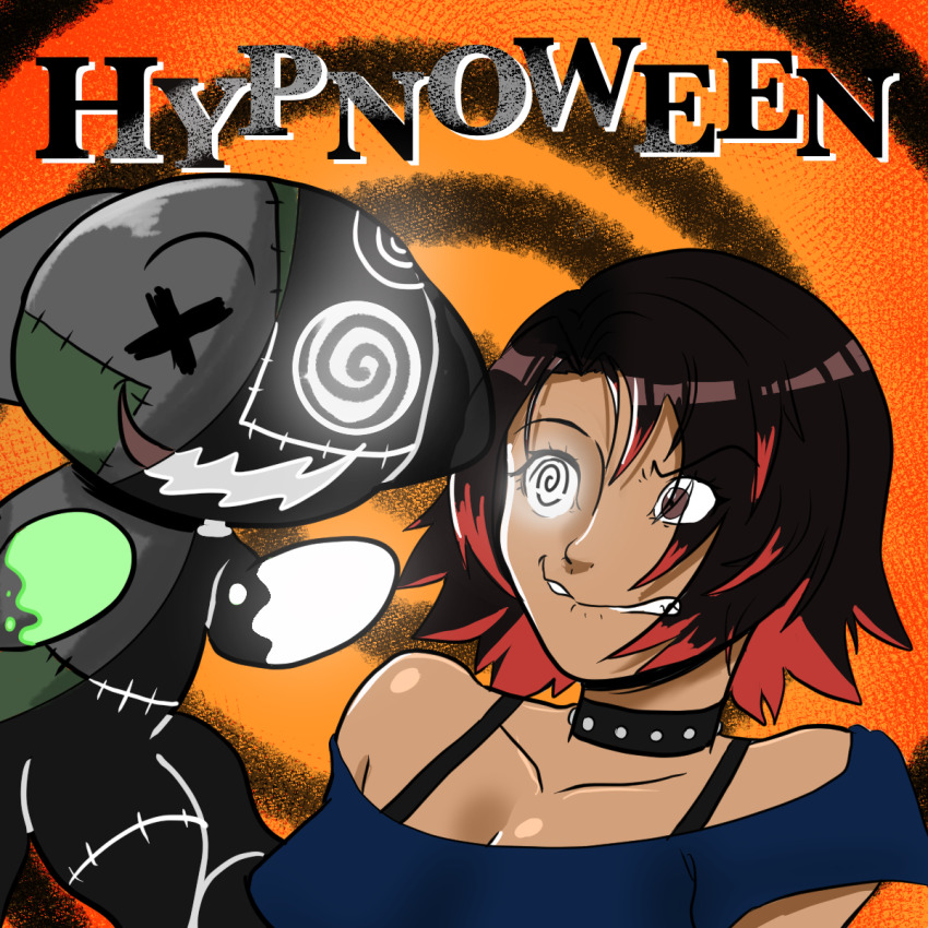 bangs black_hair dark_skin english_text femsub resisting restrained smile spiral_background spiral_eyes syas-nomis tentacles text